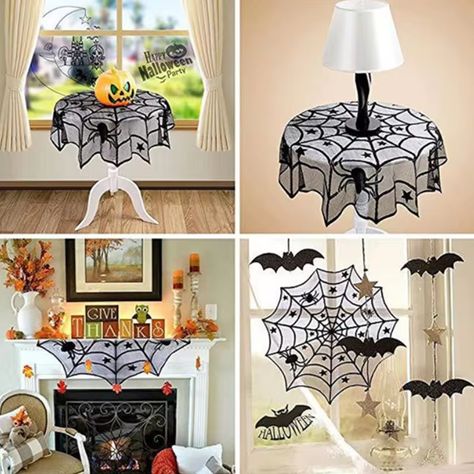 Halloween Decoration Lace Spider Web Tablecloth Black Skull Spider Web Fireplace Lace Curtains Black Black Fireplace Mantel, Gothic Table, Farmhouse Tablecloths, Table Halloween, Fitted Tablecloths, Lace Table Runners, Outdoor Tablecloth, Party Table Cloth, Striped Table