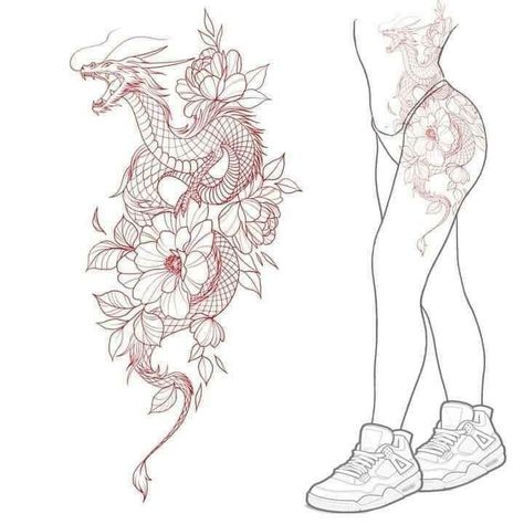 Japanese Dragon Hip Tattoo, Dragon Tattoo For Women On Leg, Dragon Tattoos Woman, Chest Tattoo Female Fine Line, Line Art Shoulder Tattoos For Women, Dragon Charm Tattoo, Dragon Tattoo On Hip For Women, Japanese Tattoo Feminine, Large Dragon Tattoo For Women