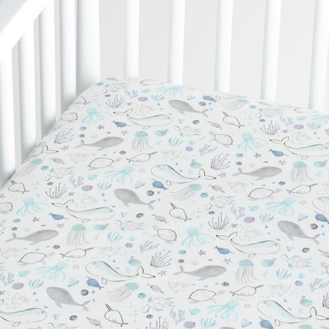 Organic Sea Crib Fitted Sheet + Reviews | Crate and Barrel Whale Baby Room, Nursery Under The Sea, Ocean Baby Rooms, Ocean Themed Nursery, Crib Fitted Sheet, 2023 Ideas, Sea Nursery, Whale Nursery, Ocean Nursery