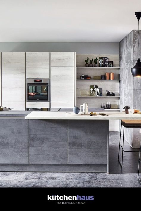 Using different shades of grey allows for creative kitchen design in open-plan living spaces Greyish Kitchen, Grey Kitchen Ideas, Statement Kitchen, Grey Kitchens, White Concrete, Grey Kitchen, Cabinet Lighting, Slate Grey, Kitchen Hacks