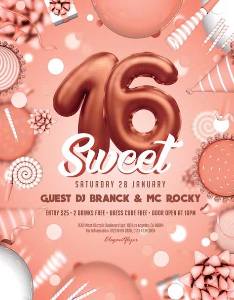 Check out the Free Sweet 16th Birthday Party Flyer Template only on https://freepsdflyer.com/free-sweet-16th-birthday-party-flyer-template/ - Enjoy downloading 1800+ totally free PSD flyer templates any kind of party and club event! #Birthday, #Club, #DJ, #Elegant, #Music, #Nightclub, #Party Birthday Party Flyer, Sweet 16th Birthday, Logo Signage, Bday Shoot, Free Psd Flyer Templates, Free Psd Flyer, Birthday Club, Super Party, Psd Flyer Templates