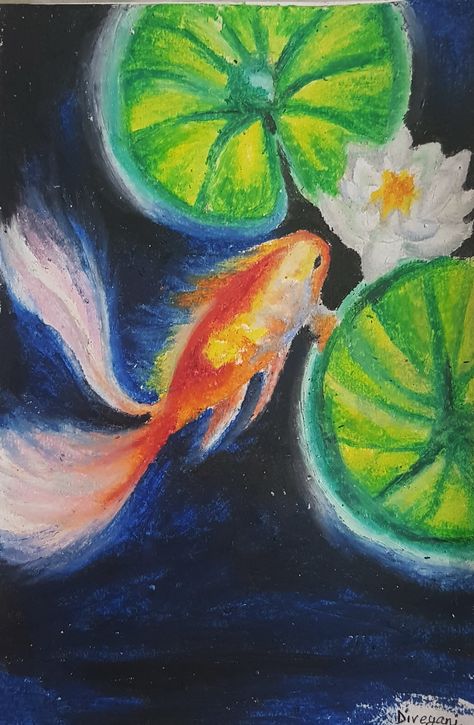 Koi Fish Drawing done with Oil pastel colours. Koi Fish Drawing Oil Pastel, Koi Oil Pastel, Drawing With Painting Colours, Drawing With Pastel Colors, Drawing With Chalk Pastels, Colourful Fish Drawing, Oil Pastel Art Cute, Art Pastel Ideas, Drawings With Pastels