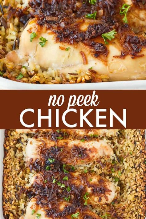 No Peek Chicken - Simply Stacie Chicken And Rice Dinner, Chicken Bakes, Purple Apron, No Peek Chicken, No Peek, Easy Chicken Recipe, Simply Stacie, Chicken Casseroles, Baked Chicken Tenders