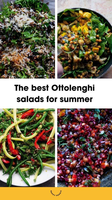 a collection of recipe images from Ottolenghi, including a fragrant rice salad, a mango and chickpea salad, and a pomegranate and tomato salad. Ottolenghi Salad, Salmon Wellington Recipe, Salads For Summer, Hosting Recipes, Otto Lenghi, Delicious Salad Recipes, Best Salads, Yotam Ottolenghi Recipes, Gourmet Salad