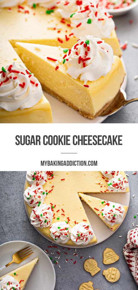 Sugar Cookie Cheesecake is baked up with a sugar cookie crust and uses a secret ingredient in the cheesecake filling! Cheesecake Recipes Store Bought Crust, Cheesecake With Sugar Cookie Crust, Sugar Cookie Crust Cheesecake, Pillsbury Sugar Cookie Cheesecake, Christmas Sugar Cookie Cheesecake, Betty Crocker Sugar Cookie Mix, Cookie Crust Recipe, Pillsbury Sugar Cookie Dough, Christmas Cheesecake Recipes