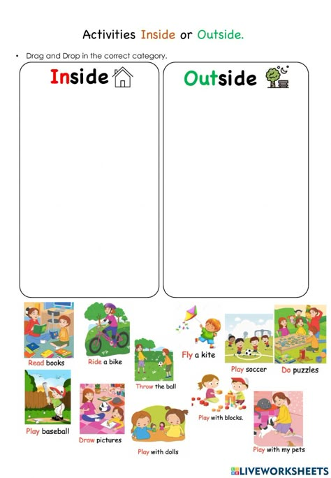 Inside Outside Worksheet For Kids, Inside And Outside Worksheet, Inside Outside Worksheet, Esl Kindergarten Activities, Outdoor Games For Kindergarten, Ingles Kids, Freetime Activities, Kindergarten Handwriting, Games For Kindergarten