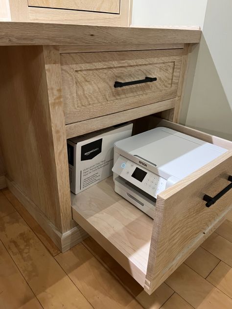 Printer Drawer, Printer Storage, Home Office Built Ins, Home Office Aesthetic, Mesa Home Office, Home Office For Man, Office Built Ins, Printers Drawer, Home Office Layout