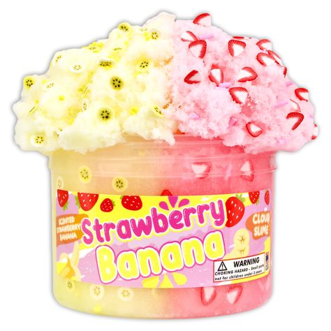 PRICES MAY VARY. ✅ Scented just like banana & strawberry; reminds you of the fruits ✅ 8oz of soft and fluffy cloud slime; perfect for drizzles ✅ Strong and durable screw-top container; keeps slime safe & fresh ✅ Fimo Slices; cute and unique ✅ Handmade in the USA; high quality ingredients and final product STRAWBERRY BANANA CLOUD SLIME!   Soft & dense 2 colored cloud slime! Amazing drizzle and texture. Topped with strawberry banana themed Fimo slimes + sprinkles. Scented like the name! br>  High Peachybbies Slime, Slime Package, Yellow Slime, Lesley Gore, Cloud Texture, Pretty Slime, Cloud Slime, Glossy Slime, Slime Crunchy