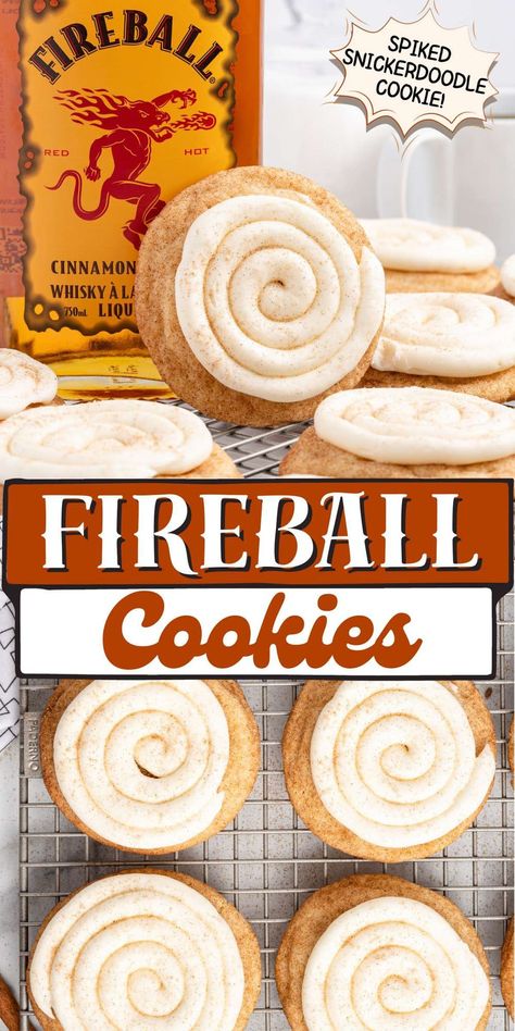 Fireball Whiskey Cookies, Fireball Recipes Food, Boozy Cookie Recipes, Fireball Snickerdoodle Cookies, Fireball Cookie Recipes, Boozie Cookies, Boozy Cookies Christmas, Fireball Desserts, Fireball Cheesecake Recipe