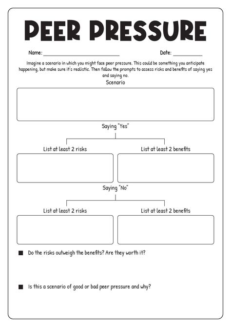 Peer-Pressure Worksheets for Teens Positive Peer Relationship Activities, Peer Pressure Activities For Teens, Group Therapy Ideas For Teens, Group Therapy Activity For Teens, Telehealth Therapy Activities For Teens, Therapy Tools For Teens, Impulse Control Activities For Teens, Social Skills Activities For Teens, Friendship Activities For Teens