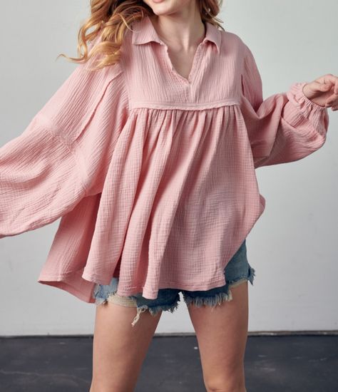 cotton gauze babydoll top - mauve – Amanda Moore and Company, LLC Cotton Gauze Fabric, Gauze Top, Tiered Tops, Gauze Fabric, Babydoll Top, Fashion Mistakes, Flowy Tops, Wide Sleeves, So Cool