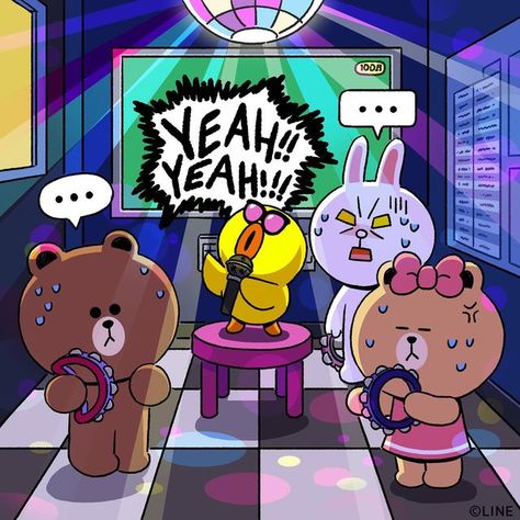 LINE FRIENDS_Official on Instagram: "LINE FRIENDS go to karaoke together! 🎤 🐻🐰🎀: SALLY,, enough is enough,, 🐤: ‘Enough’ isn’t in my vocabulary!!! Leave your favorite karaoke song in the comment!💕 #enough #karaoke #favoritesong #favsong #passthemic #BROWN #CONY #SALLY #CHOCO #LINEFRIENDS" Risograph Design, Brown And Cony, 25th Birthday Parties, Groovy Font, Karaoke Songs, Favorite Son, Mascot Design, 25th Birthday, Line Friends