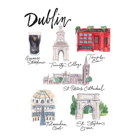 Lauren Taylor Creates on Instagram: “New Dublin and Belfast city prints available in my shop! #ltctravels . . . #laurentaylorcreates #watercolor #dublin #visitdublin…” Ireland Drawing Ideas, Dublin Tattoo Ideas, Ireland Doodles, Dublin Illustration, Ireland Stickers, Dublin Summer, Ireland Scrapbook, Irish Summer, Travel Graphics