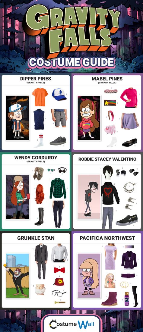 Check out these costume guides and dress like your favorite Gravity Falls characters for Halloween, including Dipper Pines, Mabel Pines, Wendy, Robbie, Grunkle Stan and more. Gravity Falls Wendy And Dipper, Dipper Costume Gravity Falls, Wendy And Dipper Costume, Gravity Falls Wendy Cosplay, Dipper And Mable Pines Costume, Maple And Dipper Costume, Cartoon Custome Halloween, Mable Gravity Falls Halloween Costume, Mabel Cosplay Gravity Falls