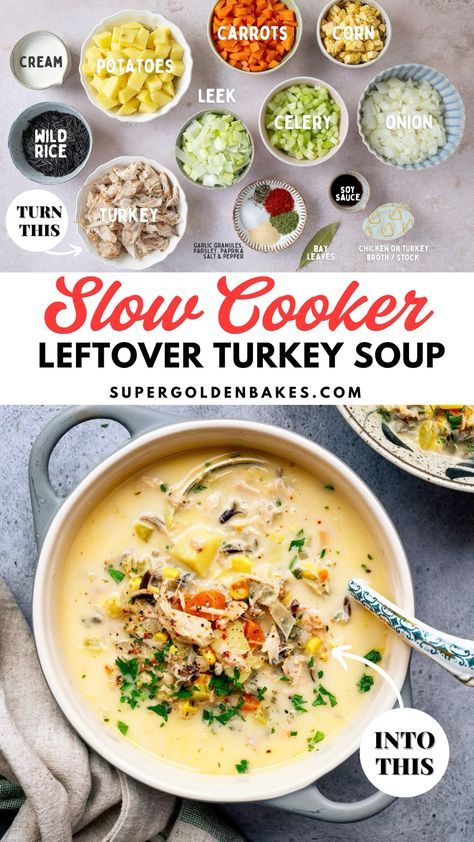 Put your turkey leftovers to good use with this easy Crockpot Turkey Soup recipe! This healthy and nourishing soup is packed with onion, celery, carrots, potatoes and wild rice and finished with a touch of cream. There’s no browning or precooking required – just let your slow cooker work its magic! Crockpot Turkey Stew Recipes, Thanksgiving Turkey Soup Crockpot, Turkey Soup From Leftover Turkey, Thick Turkey Soup, Cream Of Turkey And Rice Soup, Turkey Pot Pie Soup Crockpot, Potato Turkey Soup, Soup Using Leftover Turkey, Soup Recipes With Turkey