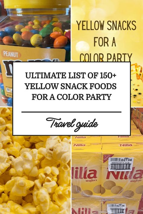 "Spice up your Color Party with our Ultimate List of 150+ Yellow Snack Foods! Discover a variety of tangy, sweet, and savory treats that add a burst of sunshine to any occasion. Perfect for TikTok trends and creating vibrant Color Baskets. Elevate your snacking game today! #ColorPartyIdeas #YellowSnacks #TikTokTrends" Color Theme Party Snacks Yellow, Yellow Party Food Snacks, Gold Snacks For Color Party, Color Party Yellow Snacks, Color Party Yellow Ideas, Yellow Color Party Food Ideas, Yellow Snacks For Party, Yellow Snack Board, Color Party Tiktok