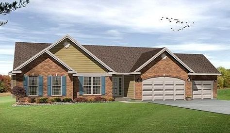 HousePlans.com 22-527 3 Car Garage House, Center Fireplace, Ranch Living, Ranches Living, Garage Style, Three Car Garage, Ranch House Plan, Ranch Style House Plans, Country Style House Plans