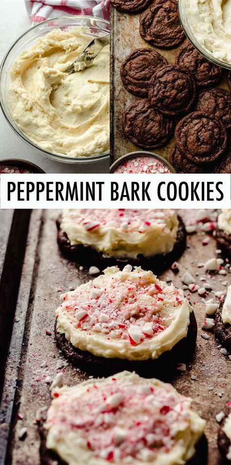 Soft and chewy chocolate cookies filled with chocolate chunks and topped with peppermint white chocolate frosting and crushed candy canes. This peppermint bark cookie recipe is one of the best Christmas cookie recipes for a crowd. | chocolate peppermint bark cookies recipe | peppermint bark cookies Ghirardelli | peppermint bark cookies recipe Chocolate Peppermint Bark Cookies, Christmas Cookies Chocolate Peppermint, Peppermint Chocolate Pie, Peppermint Bark Snowballs, Chocolate Peppermint Recipes, Healthy Peppermint Bark, Dark Chocolate Peppermint Cookies, Christmas Mint Cookies, Christmas Dainty Tray Ideas