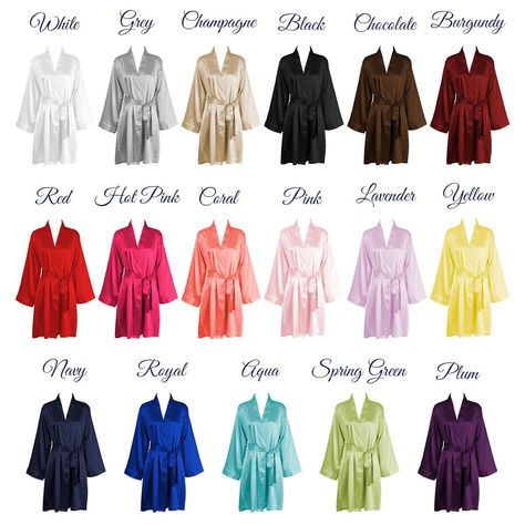 "This listing is for one adult satin robe with included embroidered name or monogram. Wedding and large orders welcome. You can mix and match colors, styles, etc... *RUSH ORDERS - Welcome *We can do just about anything please send us a convo for any questions, or inquiries. ROBE DESCRIPTION: -Flattering knee length (38\" Long), Full Sleeve Length, Two Pockets w/ Belt -One size fits most. Recommend for ladies up to a size 16-18 or XL. -Silk-like satin: 97% Polyester, 3% Spandex -Inside adjustment Silk Bridesmaid Robes, Satin Bridal Robe, Satin Bridesmaids Robes, Satin Robes, Kimono Robes, Bridal Party Robes, Silk Wedding Dress, Wedding Robe, Floral Robes