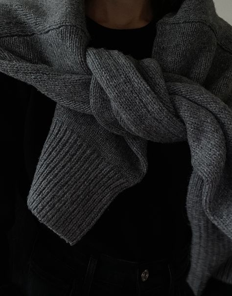 Knitting Aesthetic Dark, Black Sweater Aesthetic, Arket Wool, Scarf Aesthetic, Black Wool Sweater, Flannel Trousers, Grey Aesthetic, Gray Fullbuster, Agolde Jeans