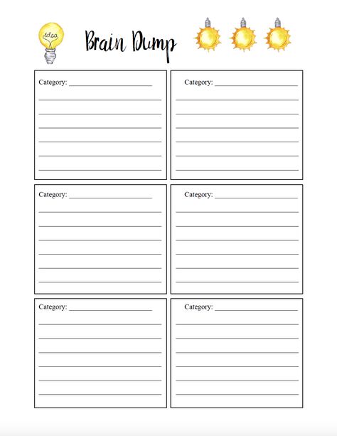 Free printable brain dump worksheet. How (and why) to do a brain dump. Get rid of brain clutter with this valuable exercise. Brainstorming Template Free Printable, Free Brain Dump Printable, Brain Dump Template Free Printables, Brain Dump Ideas, College Planner Printables, Brain Dump Template, Brain Dump Printable, Daily Planner Journal, Free Calendars