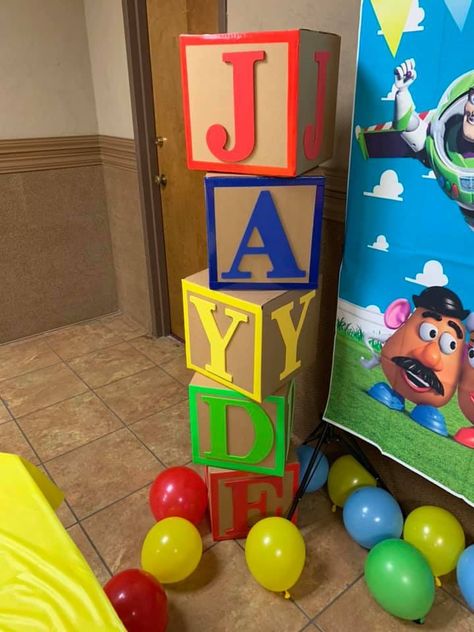 Alphabet blocks #toystoryparty Diy Letter Blocks For Party, Toy Story Party Decorations, Toy Story Baby, Letter Boxes, Letter Diy, Art Classroom Decor, Denim Crafts Diy, Story Birthday, Alphabet Blocks