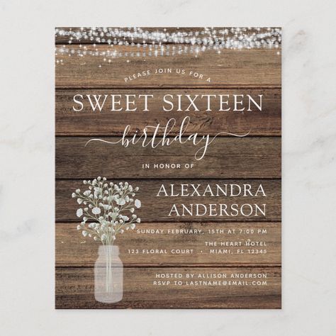 Budget Sweet 16 Birthday Rustic Invitation Flyer Budget Birthday Party, Budget Birthday, Rustic Invitation, Lace Invitations, 16th Birthday Invitations, Sweet Sixteen Invitations, Invitation Flyer, Sweet 16 Birthday Party, Sweet Sixteen Birthday