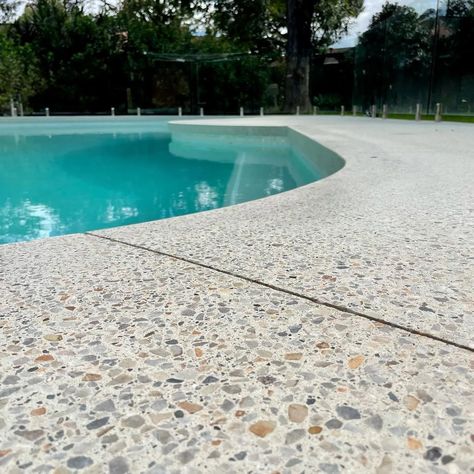 Pool Area Landscaping, Concrete Landscaping, Townhouse Backyard, Backyard Vibes, Honed Concrete, Pool Surround, Pool Surrounds, Pool Paving, Pool Decking