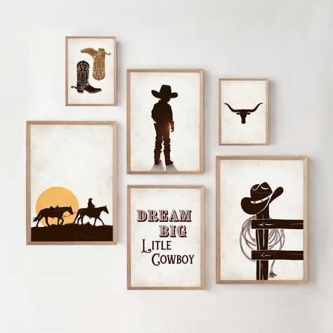 ♥✨SET OF 6 WESTERN COWBOY THEMED SILHOUETTE ART PRINTS WITH A RUSTIC PAPER BACKGROUND✨♥ ✨Why Choose Our Art Prints: * Elevate your child's room with high-quality artwork.  * Delight in the enchanting themes and vivid colors designed to captivate young hearts. * Perfect for nurseries, playrooms, or bedrooms, and makes a thoughtful gift. * Your purchase supports an independent artist who specializes in creating magical art for children.  ✨ Please be aware that this design is an INSTANT DIGITAL DOW Ranch Themed Nursery, Vintage Western Nursery Baby Boy, Toddler Cowboy Room, Cowboy Room Boys, Western Theme Nursery Boy, Cowboy Toddler Room, Cowboy Bedroom Boys, Western Toddler Room, Cowboy Kids Room