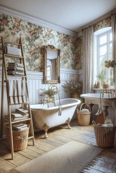 French Bathroom Design Ideas, Cottage Bathrooms Small French Country, Cottage Core House Bathroom, Cottage Bathroom Shower Ideas, Vintage Bathroom With Wallpaper, European Cottage Bathroom, English Countryside Bathroom, Small Bathroom With Window, Cottage Core Bathroom Decor