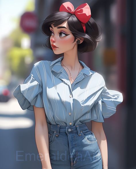 Modern Snow White wearing jeans, Disney Princess Modern Snow White, Snow White Art, Snow White Outfits, Snow White Hair, Disney Pop Art, Short White Hair, Disney Princess Artwork, Disney Princess Snow White, Disney Princess Modern