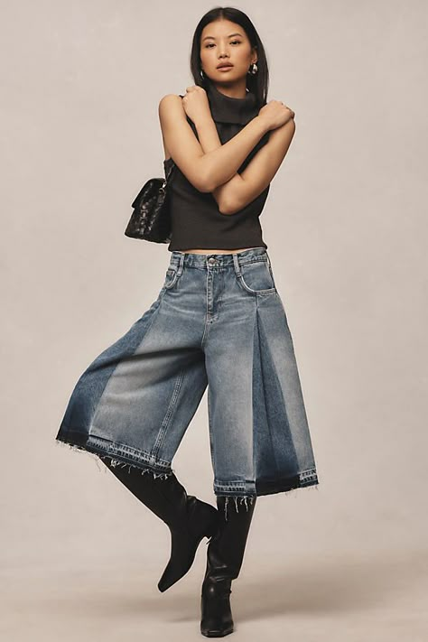 From holy-grail tees and perfectly fitted jeans to laidback dresses, PILCRO is on everyone’s most-wanted-wardrobe list. | Pleated Culotte Mid-Rise Wide-Leg Jeans by Pilcro in Blue, Women's, Size: 23, Cotton at Anthropologie