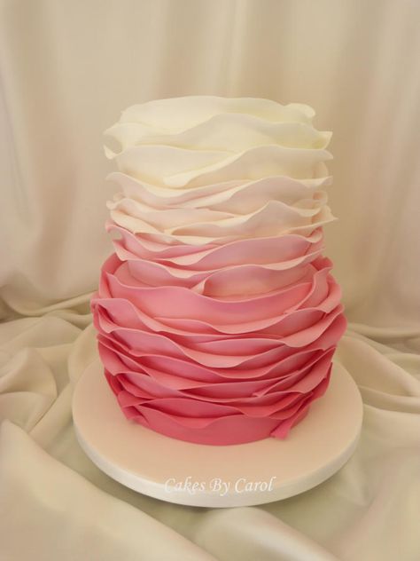 Pink Ombre Ruffle Wedding Cake Ombré Cakes, Ombre Ruffle Cake, Pink Ruffle Cake, Cake With Balloons, Wave Cake, Ruffle Wedding Cake, Red And White Weddings, White Wedding Theme, Ombre Cake