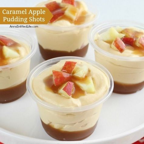 Fall Pudding Shots Alcohol, Boozy Pudding Shots, Easy Shots To Make Parties, Carmel Apple Jell-o Shots, Fall Pudding Shots, Apple Pudding Shots, Container Desserts, Thanksgiving Shots, Halloween Pudding Shots