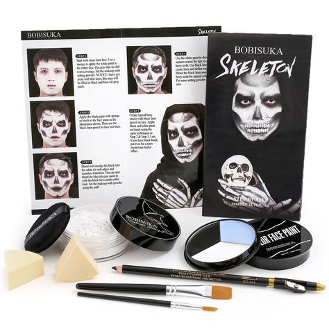 PRICES MAY VARY. BOBISUKA HALLOWEEN SKELETON/SKULL FACE MAKEUP KIT contains: Tri-color Cream Face Body Paint Palette(black white and grey-ish blue), Setting Powder(10g) with Powder Puff, 2 Painting Brushes(1 flat shader & 1 detail brush), 2Pcs Sponge Applicators and Black Liner Pencil. The included step-by-step instruction will help you to create variety of scary or funny skeleton looks with ease and confidence! 【Non-Toxic Tri-Color Face Paint】The included face paint palette contains white, blac Skull Face Makeup, Halloween Skeleton Makeup, Halloween Fashion Outfits, Halloween Makeup Kits, Vampire Bride, Skeleton Makeup, Painting Brushes, Witch Halloween Costume, Cream Face