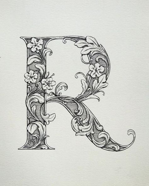 Monika Fällman 🇸🇪 on Instagram: "What's the first thing that comes to mind starting with letter R? 🤔 #letterr #acanthus #letteringartist #letteringinspiration #letterart #blackandwhiteart #inkdrawing #victorianlettering #decorativeletters #calligraphymasters #lettering_daily #flourishforum #capitalletters" Letter R Tattoo, Victorian Lettering, Gothic Calligraphy, Gothic Fonts, Tattoo Lettering Fonts, Alphabet Fonts, Illumination Art, Fancy Letters, Hand Lettering Art