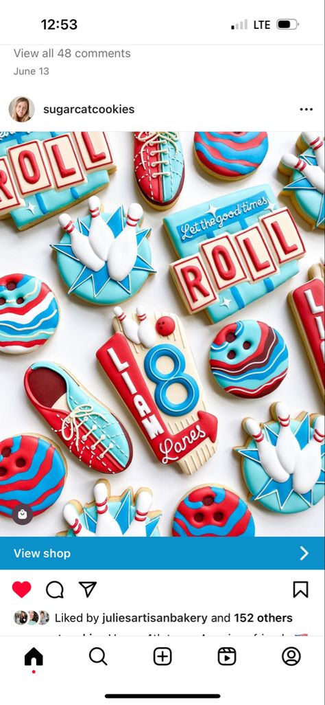 Bowling Cookies, Lettering Number, Bowling Party Favors, Bowling Cake, Pasteles Halloween, Bowling Birthday Party, Retro Bowling, Sugar Cookie Royal Icing, Iced Sugar Cookies