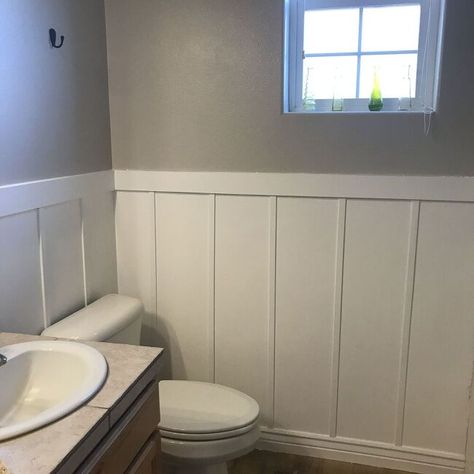 Small Bathroom Wall Paneling Ideas, Board And Batten Wall Bathroom, Board And Batten Bathroom, Batten Bathroom, Sharpie Wall, Rental Bathroom, Bathroom Projects, Batten Wall, Luxury Vinyl Tile Flooring