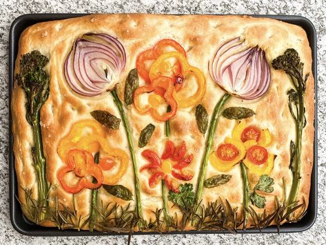 Focaccia Bread with Vegetable and Herb Flowers Vegetable Flowers, Store Cupboard, Bread Art, Honey Soy, Focaccia Bread, Italian Bread, Chilli Pepper, Pastry Brushes, Fresh Chives