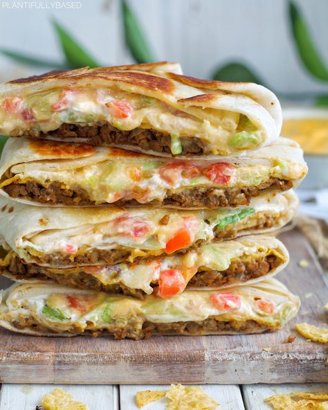 Vegan Crunchwrap Supreme – Plantifully Based Vegan Crunch Wrap, Vegan Schnitzel, Vegan Ground Beef, Meat Replacement, Crunch Wrap, Vegan Cheese Sauce, Vegan Cheddar, Vegan Sour Cream, Vegan Mexican