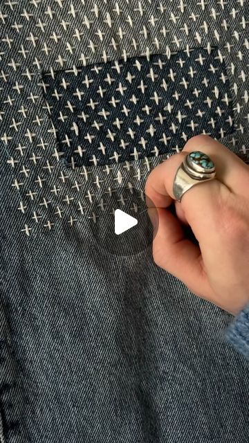 Cowboy Crust on Instagram: "my first go at sashiko repair! very happy with how these turned out and im super excited to try even more on these jeans 🤠  stick and stitch patternds from @socorro.society   #sashiko #upcycling #embroidery #handstitched #visiblemending #denimrepair #sewing #patchwork #handsewing #vintagefashion" Japanese Repair Stitching, Sashimi Mending Jeans, Sashiko Denim Jeans, Boro And Sashiko, Sashiko Embroidery Clothes, Shashiko Embroidery Denim, Jeans Visible Mending, Sashiko On Jeans, Sashiko Mending Patterns