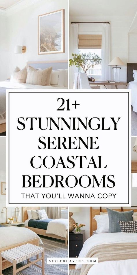 Searching for coastal bedroom ideas and decor? Coastal bedroom spaces are *our vibe* - and today, we've hand-picked our very fav coastal bedroom design inspo that you *need* to see. Whether you're looking for coastal interior inspo, for the perfect neutral bedroom, or just want to scroll through coastal style bedroom inspiration - *this* is the cozy bedroom inspo you're looking for! Bedroom Ideas Summer Beach Houses, Coastal Casual Bedroom, Midcentury Coastal Bedroom, California Casual Bedroom Ideas, Coastal Vibe Bedroom, Costal Bedroom Design, Coastal Calm Bedroom, Calm Coastal Bedroom, Beachy Bedrooms Coastal Chic