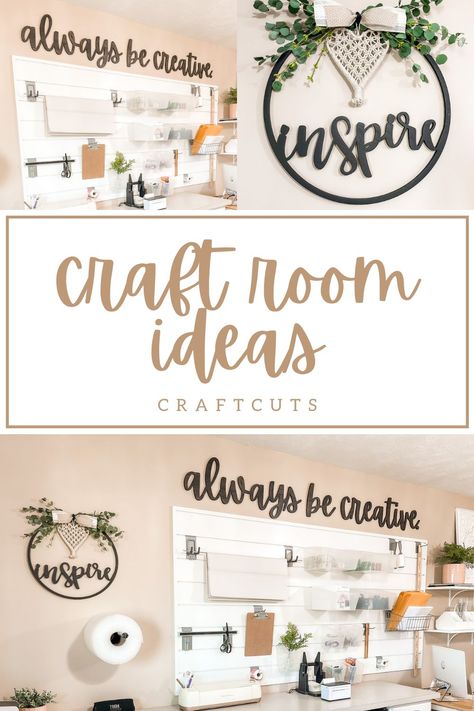 Craft Room Wall Decal Ideas, Craft Room Words Wall Decor, How To Make Wall Art With Cricut, Craft Room Pictures Wall Art, Crafting Room Decor, Cute Craft Room Decor, Farmhouse Craft Room Decor, Craft Room Decorating Ideas Inspiration, Craft Room Sayings Wall Decor