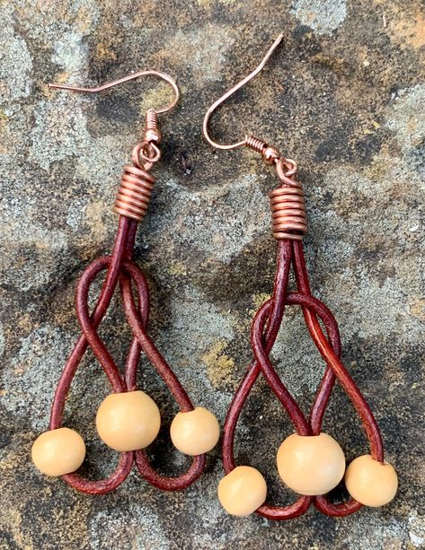 These lightweight fun earrings are approximately 2" long and 1" wide. Copper ear wires. Copper Components are Sealed with Protectaclear ProtectaClear is a clear, protective coating that is tough enough to protect jewelry and is safe for wear against skin. ProtectaClear is practically invisible once applied and will seal and protect jewelry from tarnish, oxidation, and corrosion Earrings With Leather Cord, Leather Earrings Ideas, Leather Cord Earrings, Jewelry Diy Ideas, Diy Lace Earrings, Wood Bead Earrings, Beaded Earrings Tutorial, Leather Cord Jewelry, Handmade Leather Jewelry