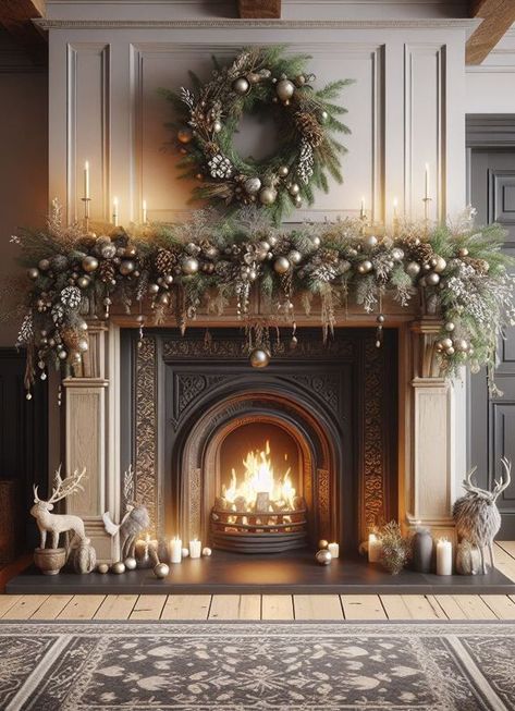 Christmas Fire Mantle Decor, Mantle Holiday Decorating Ideas, Chimenea Christmas Decor, Wreaths Over Mantle, Christmas Wreath Mantle, Mantle Ideas For Christmas, Christmas Decor Ideas Fireplace Mantles, Fireplace Xmas Decor Ideas, Elegant Christmas Decor Ideas For Living Room