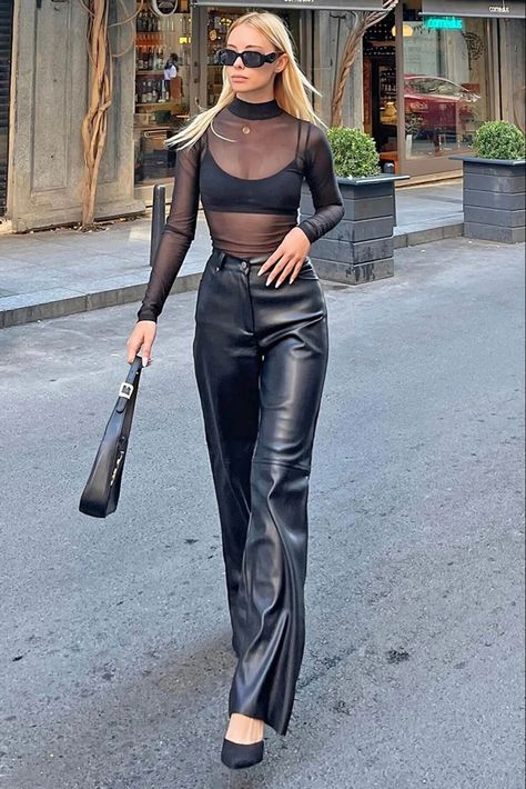 Leather pants and mesh top Mesh Top Outfit Classy, Mesh Blouse Outfit, Black Mesh Top Outfit, Mesh Shirt Outfit, Edgy Concert Outfit, Leather Top Outfit, Sheer Top Outfit, Leather Pants Outfit Night, How To Style Leather Pants