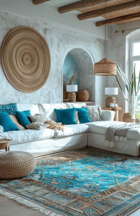 Coastal Moroccan Decor, Coastal Boho Living Room Decor, Sea House Interior, Turquoise Rug Living Room, Beach House Interior Living Room, Beach Living Room Decor, Boho Coastal Living Rooms, Turquoise Interior Design, Turquoise Living Room