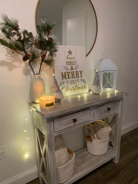 Simple Entryway Christmas Decor, Half Moon Table Christmas Decor, Christmas Decor End Table, Entry Table Christmas Decor Ideas Modern, Small Entryway Table Christmas Decor, Christmas Accent Table Decor, Accent Table Christmas Decor Ideas, Hallway Table Christmas Decor, Xmas Entry Table Decor