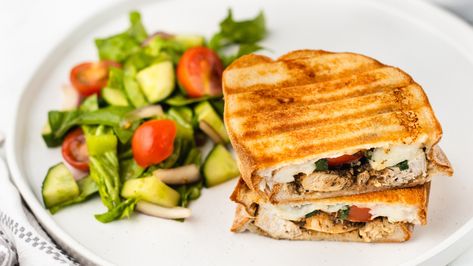 Chicken Caprese Panini Recipe - Mashed Chicken Caprese Panini, Tomato Basil And Mozzarella, Caprese Panini, Panini Recipe, Chicken Caprese, Panini Recipes, Seared Chicken Breast, Mozzarella Salad, Pre Cooked Chicken