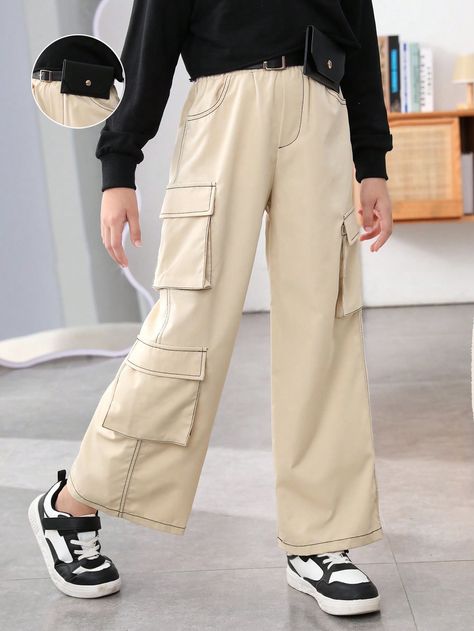 Multicolor Casual Collar   Plain Cargo Pants Embellished Slight Stretch  Tween Girls Clothing Cargo Pants With Pockets, Celana Kargo, Pants Embellished, Textured Knit Cardigan, Baggy Cargo Pants, Dream Outfits, Cute Cardigans, Pants With Pockets, Lightweight Cardigan